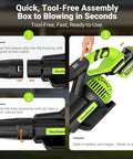 Cordless Leaf Blower With 715 CFM Airflow And 200 MPH Wind assembly steps; showing easy tube attachment and battery insertion
