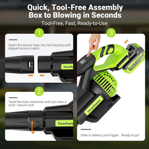 Cordless Leaf Blower With 715 CFM Airflow And 200 MPH Wind assembly steps; showing easy tube attachment and battery insertion