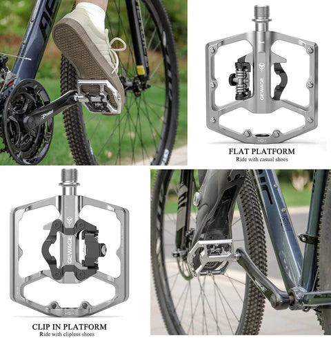 Dual Function Bicycle Pedals With Flat And Clipless Sides Nine Sixteenth Inch Platform Pedals SPD Compatible For Mountain Road And BMX Bikes Silver Durable Alloy Body With Grippy Anti Slip in use on a bike with both sides visible.