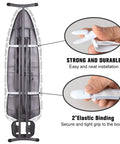 Standard Size 15 X 54 Inches Ironing Board Cover And Pad With Four Layer Extra Thick Padding Resists Scorching And Stains Elastic Edge And Two Straps For A Snug Fit Gray, shown secured on ironing board with close-up of elastic straps.