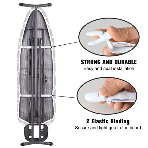 Standard Size 15 X 54 Inches Ironing Board Cover And Pad With Four Layer Extra Thick Padding Resists Scorching And Stains Elastic Edge And Two Straps For A Snug Fit Gray, shown secured on ironing board with close-up of elastic straps.