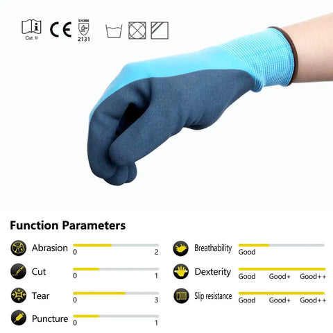 Hand wearing Waterproof Work Gloves With Hycool Grip Fully Dipped Latex For Dry Hands Slip Resistant Dexterity, medium blue