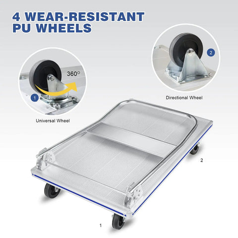 35 Inch Long By 21 Inch Wide Aluminum Platform Truck Foldable Cart With 800 Lb Capacity showcasing four wear-resistant wheels