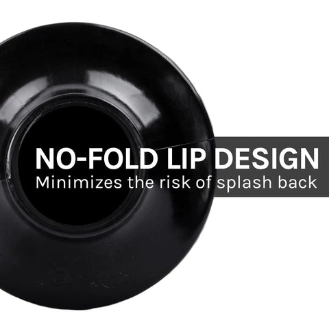 Close-up of Black Bellows Accordion Toilet Plunger With Drip Tray and Storage Tray, featuring no-fold lip design to prevent splash back