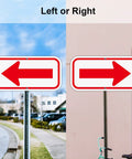 Two Pack Red And White Arrow Signs 12X6 Inch Heavy Duty Aluminum Reflective Directional Markers outdoors with left and right arrows.