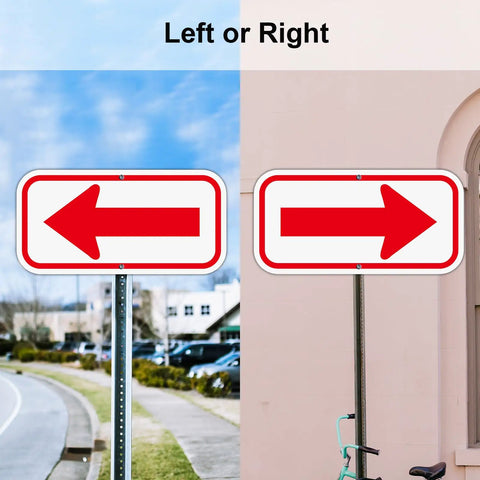 Two Pack Red And White Arrow Signs 12X6 Inch Heavy Duty Aluminum Reflective Directional Markers outdoors with left and right arrows.