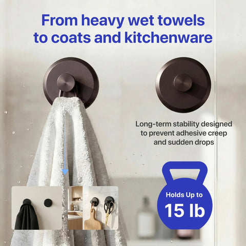 Suction Cup Shower Hooks 2 Pack No Drill Towel Holder For Towels Robes And Coats holding towel on glass surface.