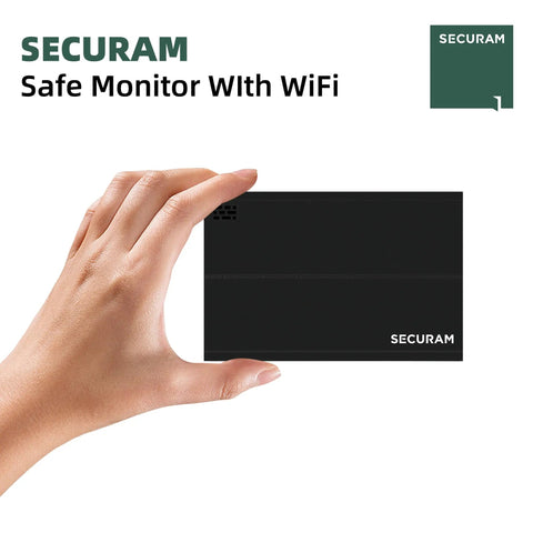 Smart All In One Gun Safe Security Monitor With Laser Door Alarm And Real Time Temperature Humidity And Vibration Tracking For Safe Box And Cabinet Storage Real Time Alerts And Easy Remote Monitoring black WiFi unit held in hand