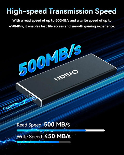 500GB External Portable SSD USB 3.1 Gen 2 Up To 500MB/s Read And 450MB/s Write shown with speed data on black background.
