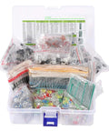 Complete DIY Electronics Components Kit Bundle With Resistors LEDs Capacitors Diodes Potentiometers PCBs And Ceramic Capacitors For Prototyping 1818 Pieces Great For Hobbyists And Makers in clear plastic organizer box