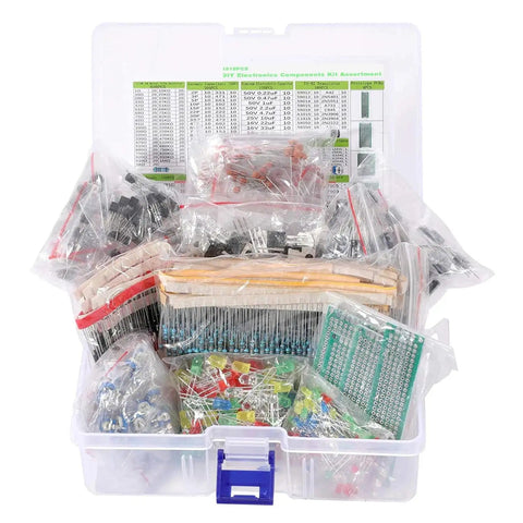Complete DIY Electronics Components Kit Bundle With Resistors LEDs Capacitors Diodes Potentiometers PCBs And Ceramic Capacitors For Prototyping 1818 Pieces Great For Hobbyists And Makers in clear plastic organizer box