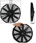 12 Inch Universal Electric Radiator Cooling Fan Kit With Mounting Bracket, side and front views with dimensions shown