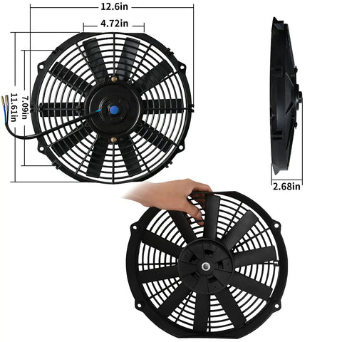 12 Inch Universal Electric Radiator Cooling Fan Kit With Mounting Bracket, side and front views with dimensions shown