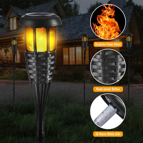 Four Pack Outdoor Tiki Torches With Realistic Flickering Flame Waterproof Bamboo Handwoven Rattan Design In Black