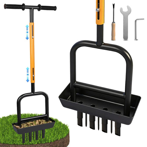 2-In-1 Manual Lawn Aerator Tool With Soil Core Storage Tray 41.3 Inch Heavy Duty Carbon Steel Core Aerator, Black and Orange