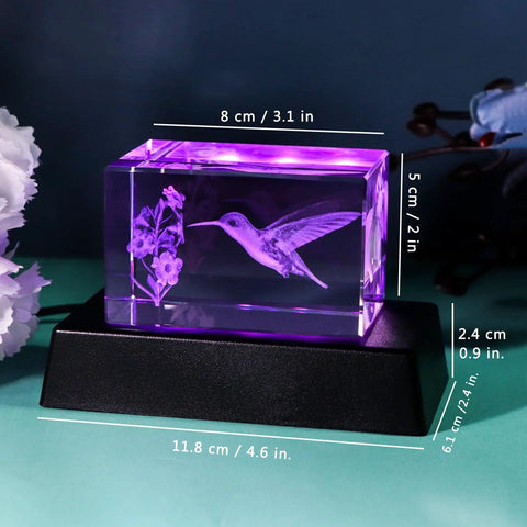 Crystal Hummingbird Laser Engraved 3D Figurine Gift For Her And Him, Dope K9 Crystal Display With Colorful LED Base, side view.