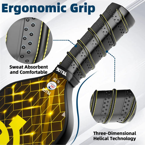 Ergonomic grip of USAPA Approved Fiberglass Surface Pickleball Paddle Set for Men and Women, showing sweat absorbent handle
