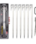 Six Pack 11 Inch Stainless Steel Tent Stakes For Camping Gear with packaging and included buckle