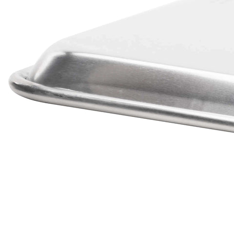 Close-up of a Commercial Grade Aluminum Sheet Pan Full Size with Reinforced Rim Built to Last 16 Gauge Bakeware