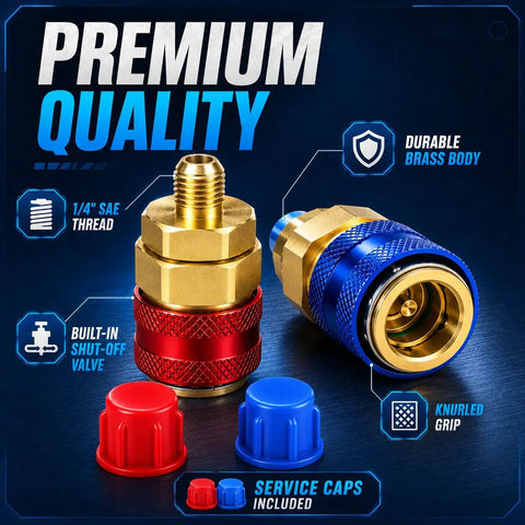 R134a Quick Coupler Kit 2 Pack With 1 Quarter SAE Thread Pro Grade Auto AC Service Adapters For DIY Techs Compatible With Manifold Gauges And Vacuum Pumps For Refrigerant Recharge Fits Mini Split Car AC Maintenance, brass couplers with caps
