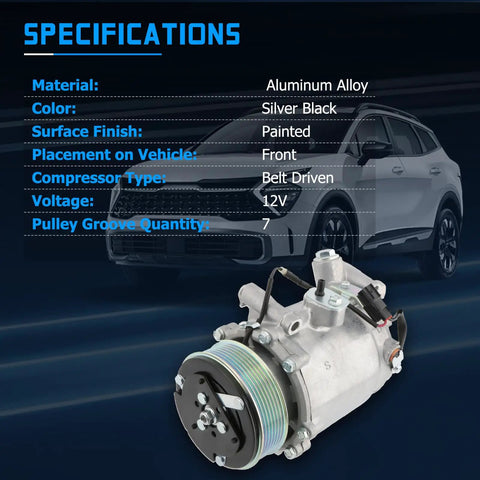 High Output Ac Compressor With Clutch 4920Ac, front view, aluminum alloy, painted silver black, 7 groove pulley, 12V, belt driven.