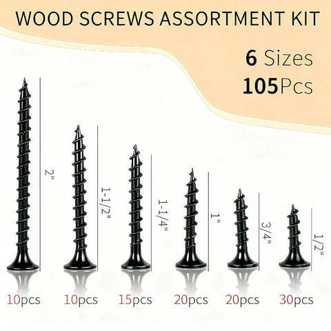 105 Piece Wood Screws Set with Black Oxide Finish and Phillips Drive, Six Sizes for Woodwork and DIY Projects displayed vertically