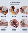 Multi-purpose use of USB Rechargeable Electric Engraving Pen With 24 Bits Cordless Rotary Engraver for crafts showing carving, cutting, sanding.