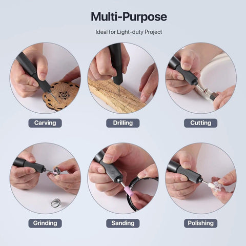Multi-purpose use of USB Rechargeable Electric Engraving Pen With 24 Bits Cordless Rotary Engraver for crafts showing carving, cutting, sanding.