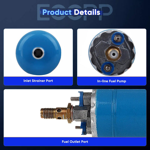In-line Fuel Pump for Porsche 911 3.2L, 924 2.5L, 944 2.5L with inlet strainer and fuel outlet port details