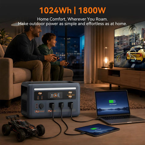 Beast Mode 1024Wh LiFePO4 Portable Power Station Solar Generator Packing No Sweat 1800W powering devices in living room.