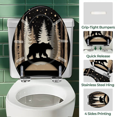 Elongated Toilet Seat Resin for Bathroom featuring bear design and forest graphics, fitting standard elongated toilets.
