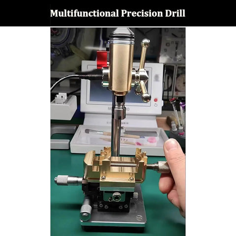 Joverex Multifunction Micro Watch Bench Drill Press With Adjustable Voltage And Variable Speed Up To 9500Rpm High Precision Drilling Tool for jewelry making, close-up on brass vise.