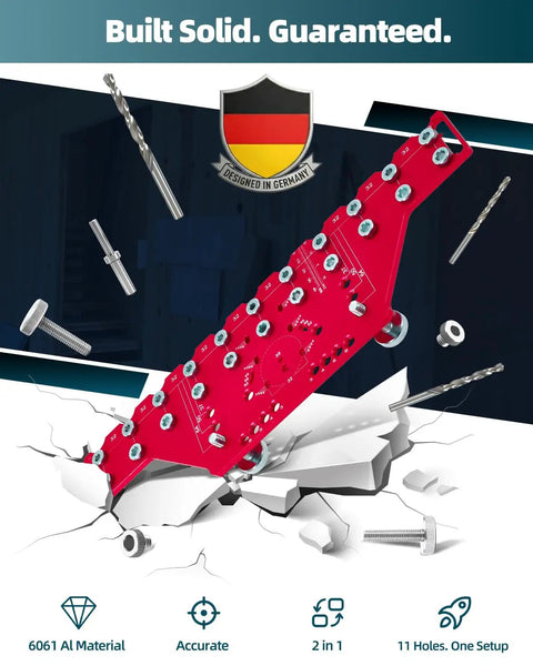 Two In One Cabinet Jig With Eleven Hole Shelf Pin Guide And Concealed Hinge Drill Template, red all-metal design exploding effect