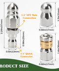 Three Pack Sewer Jetter Nozzle Kit With Stainless Steel Rotating Button Nose And Fixed Nozzles For One Quarter Inch Quick Connect Wands Up To Five Thousand PSI Perfect For Clearing Clogs In Drains Pipes And Sewer Lines With Your Pressure Washer, showing dimensions