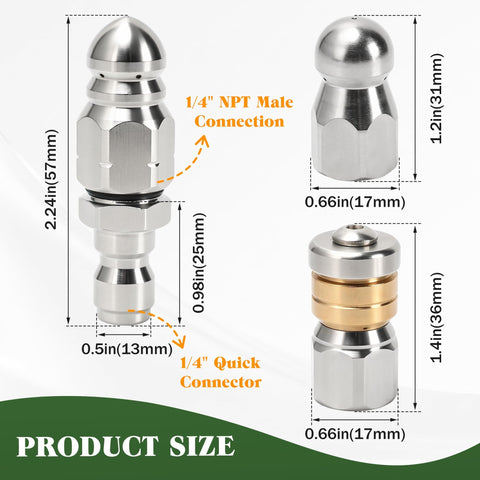 Three Pack Sewer Jetter Nozzle Kit With Stainless Steel Rotating Button Nose And Fixed Nozzles For One Quarter Inch Quick Connect Wands Up To Five Thousand PSI Perfect For Clearing Clogs In Drains Pipes And Sewer Lines With Your Pressure Washer, showing dimensions