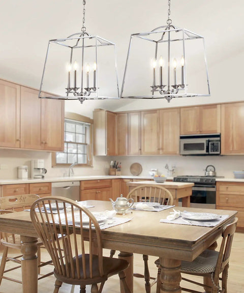 Chrome 4-Light Lantern Pendant Light, Adjustable LED Ceiling Fixture for kitchen island in modern home setting.