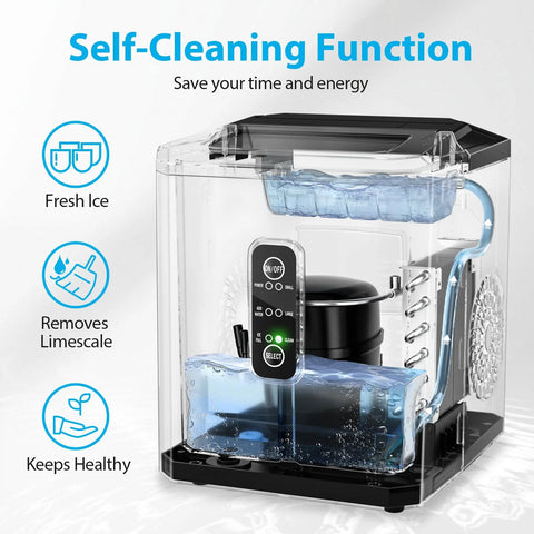 Aeitto countertop ice maker, black with transparent body, front view showing digital control panel.