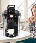 Woman enjoying coffee brewed with Reusable K Cup Coffee Filters For Keurig 1.0 And 2.0 Single Cup Makers Universal KCups Filter 2 Pack
