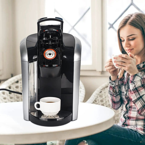 Woman enjoying coffee brewed with Reusable K Cup Coffee Filters For Keurig 1.0 And 2.0 Single Cup Makers Universal KCups Filter 2 Pack