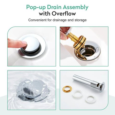 Polished Chrome Bathroom Faucet Single Handle Stainless Steel Solid 304 Build With Honeycomb Aerator Delivers Soft Aerated Water Flow Easy Install Pop Up Drain And Deck Plate For 1 Or 3 Hole Install pop-up drain assembly details