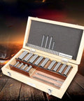 Keyway Broach Set Kit In Fitted Box With 4 Broaches, 13 Collared Bushings, And 5 Gaskets, shown open on a wooden surface.