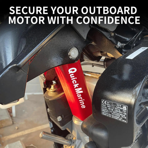 Transom Saver For Boats With Single Ram Outboard Motors And Two Piece Trailering Motor Locks In Rubber EPDM Red visible