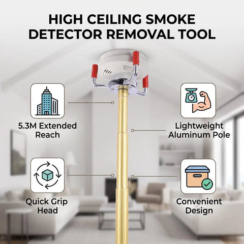 Heavy Duty Telescoping Smoke Detector Removal Pole With A Slick Twist Grip And Massive Reach Out To Five Point Three Meters in a living room setting.