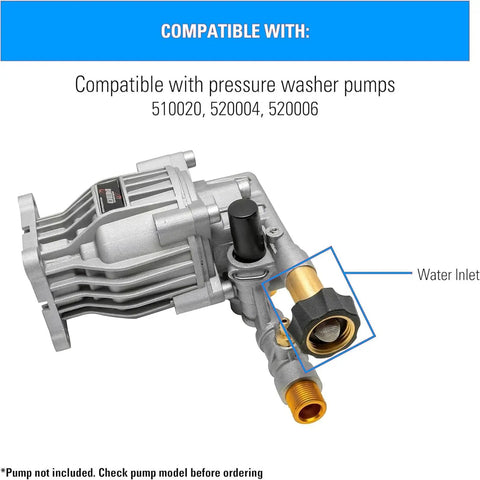 Brass Water Inlet Fitting For Pressure Washer 3/4 Inch Female To 3/8 Inch Male Quick Connect shown with pressure washer pump