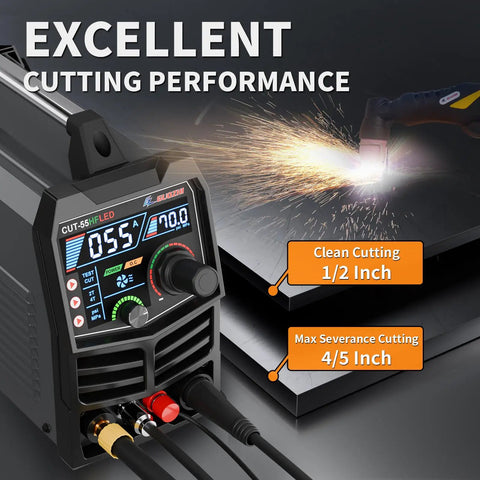 55 Amp Plasma Cutter With High Frequency Non Touch Pilot Arc, Digital Screen Display, DC Inverter And Dual Voltage 110 To 220V, Pro Grade Blowback Cutting Machine For Metal, CUT 55HFLED with cutting performance display and metal sheets