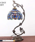 Tiffany Lamp Cloudy Blue Stained Glass Table Lamp With Metal Leaf Base In Bronze Finish 21 Inch Tall 8 Inch Shade Reading Desk Light