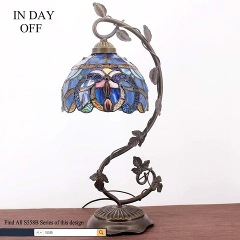 Tiffany Lamp Cloudy Blue Stained Glass Table Lamp With Metal Leaf Base In Bronze Finish 21 Inch Tall 8 Inch Shade Reading Desk Light