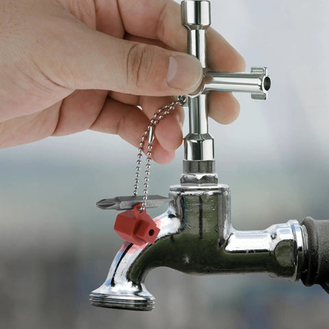 Four Way Sillcock Key With Bit Multi Functional Water Key Cross Key 1 Pack for valve faucet and spigots in use