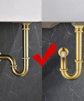 Comparison of new and old brushed gold U-shape sink stopper kit with overflow for bathroom, showcasing easy install with pop up waste set.