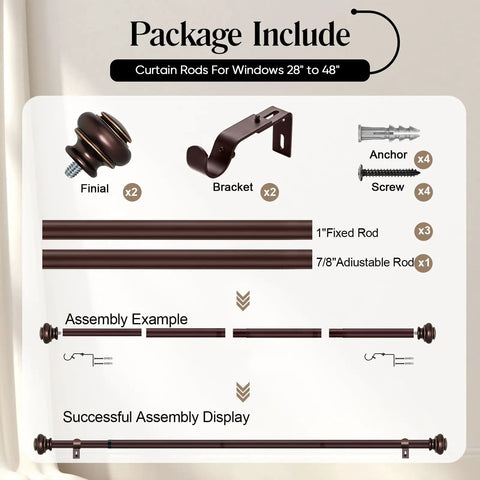 Bronze Heavy Duty Curtain Rods Set 28 to 48 Inches With Classic Finials, Adjustable and Durable Window Rods including components